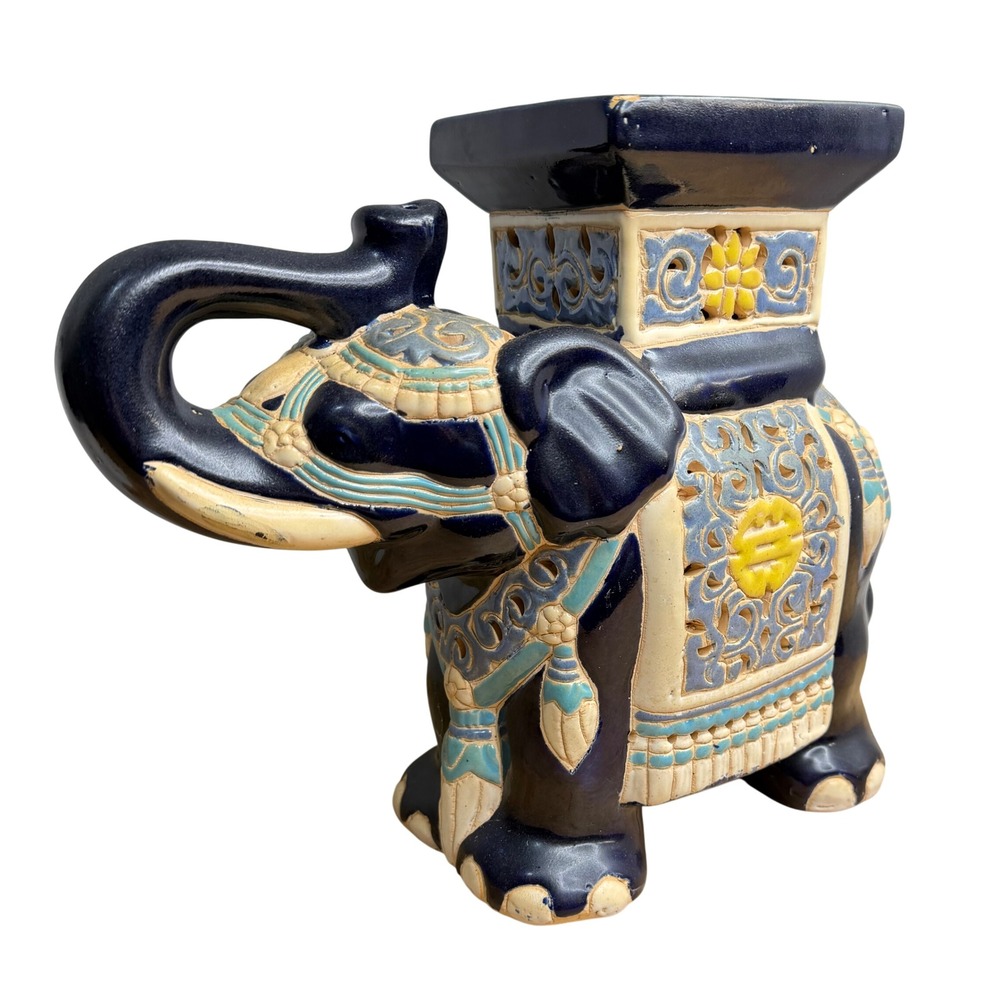Vintage Ceramic Elephant Plant Stand Pedestal Trunk Up Blue Gold Chinoiserie